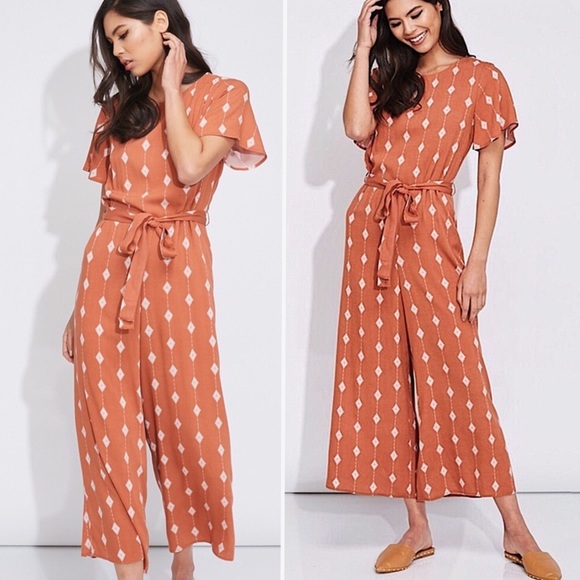 Tie Waist Cropped Length Jumpsuit Diamond Print - Picture 7 of 9